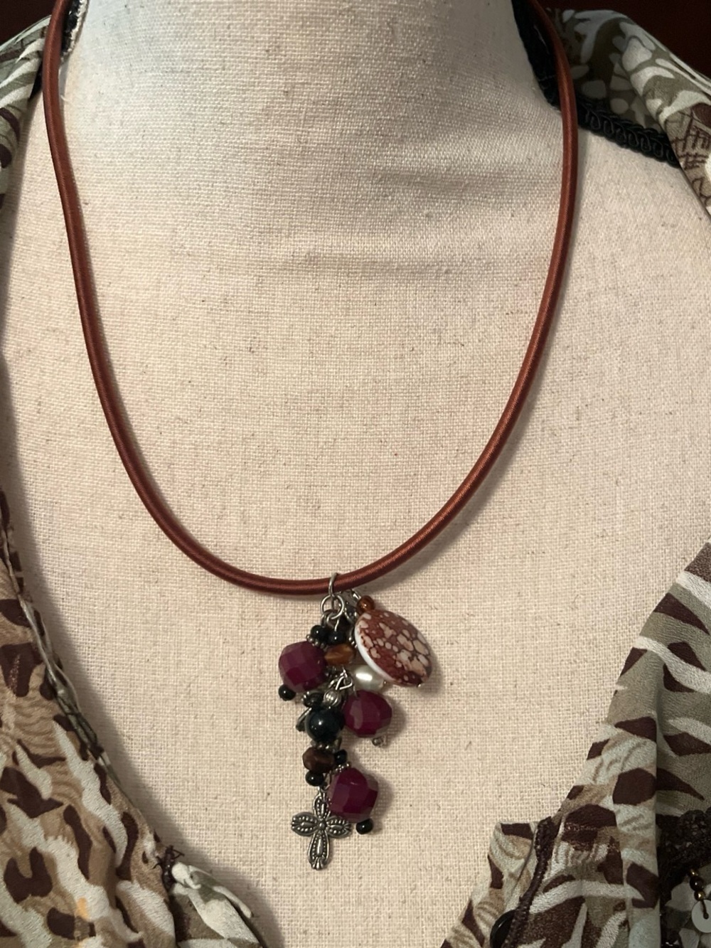 Leather Cord Necklace with Burgundy Bead Cluster and Cross Charm